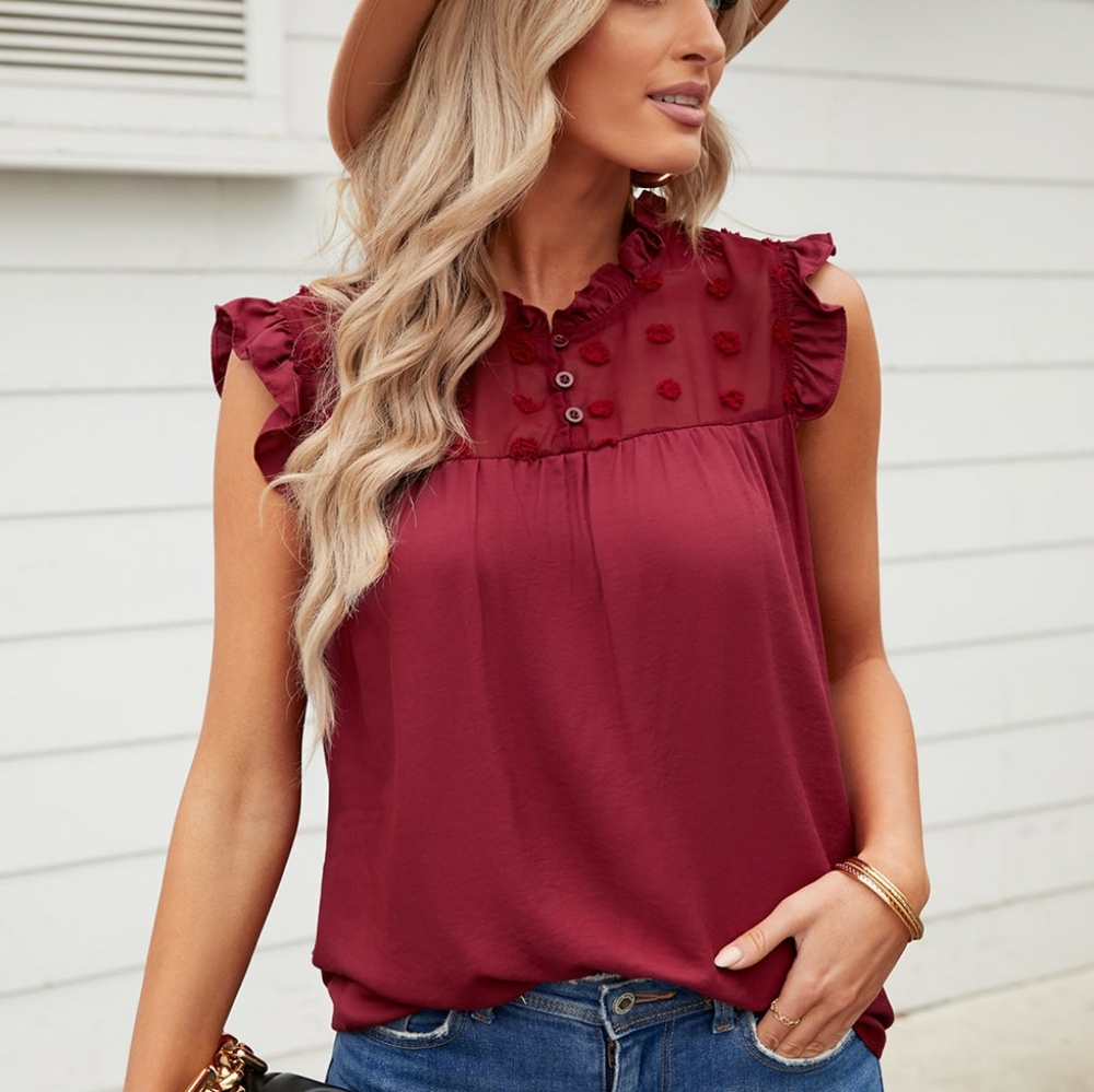 Swiss Dot Ruffle Shoulder Top